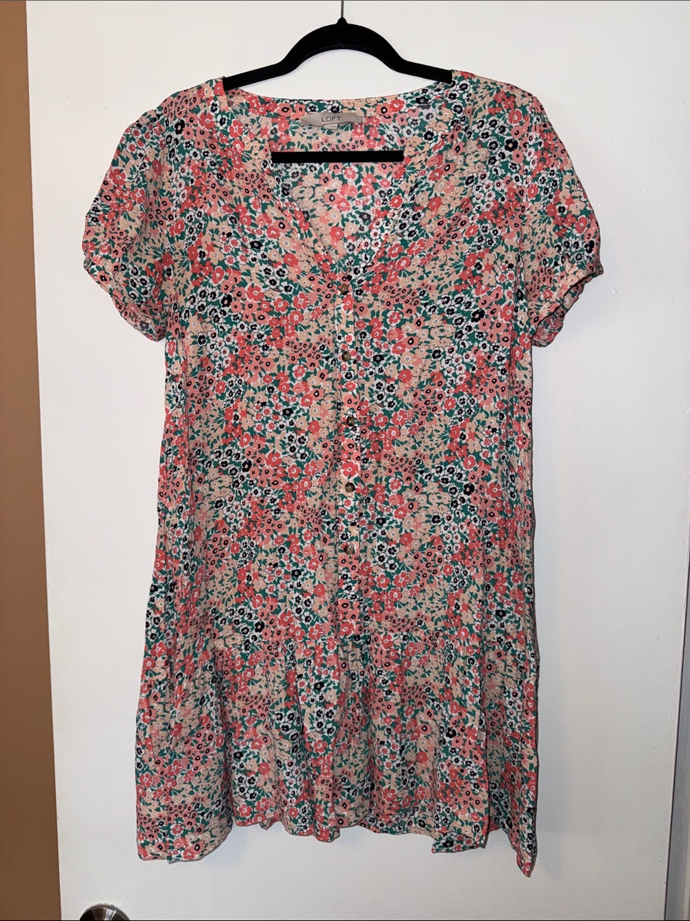 LOFT Floral Button-Front Short Sleeve Mini Dress - Coral Multi